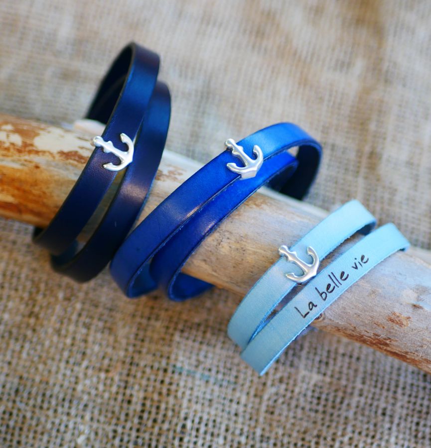 Pulseira de couro com pulseira dupla, decoração de âncora da marinha, personalizável 
