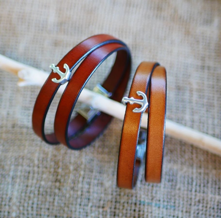 Pulseira de couro com pulseira dupla, decoração de âncora da marinha, personalizável 