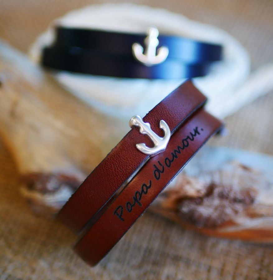 Pulseira de couro com pulseira dupla, decoração de âncora da marinha, personalizável 