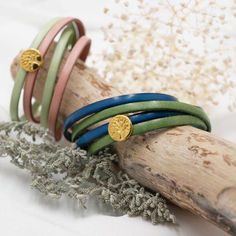 Pulseira de couro em duo de cores, personalizável com cabochon dourado Árvore da Vida