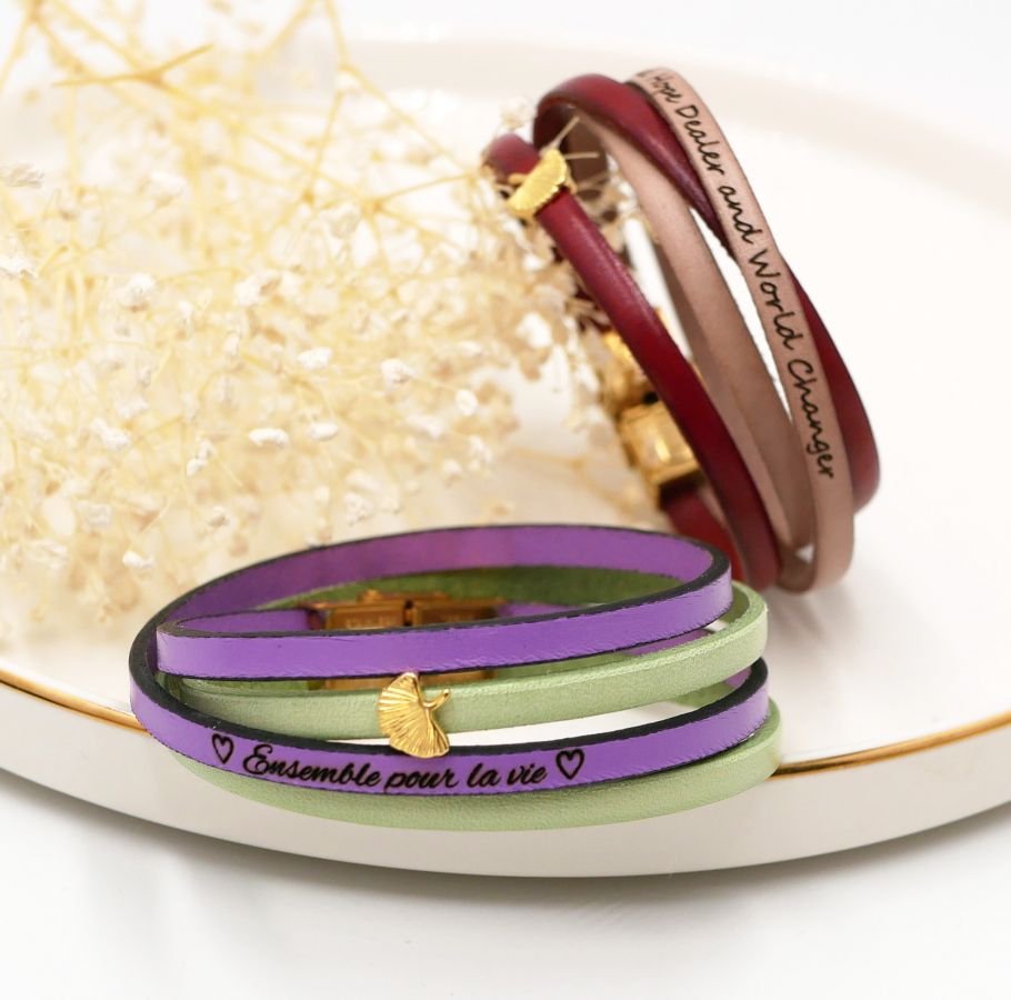 Pulseira de couro Zen em duo de cores, personalizável com ginkgo dourado 