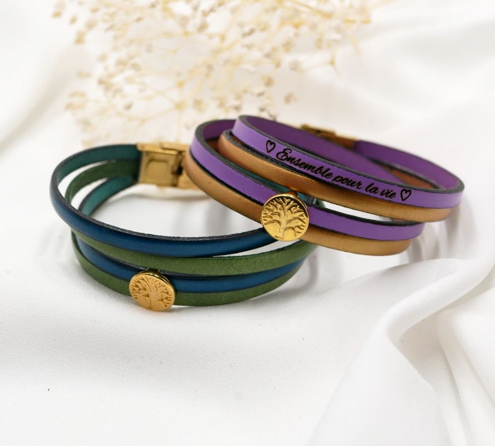 Pulseira de couro em duo de cores, personalizável com cabochon dourado Árvore da Vida
