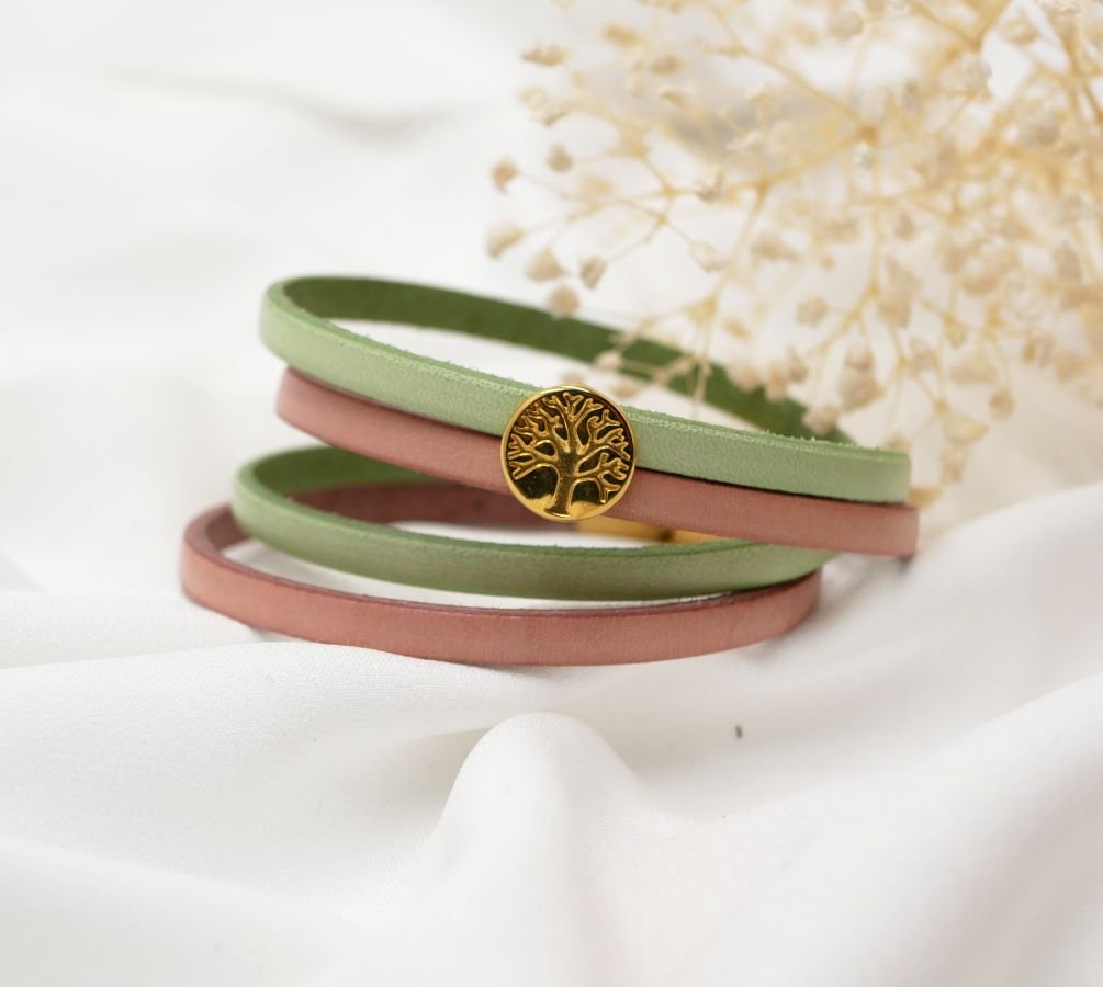 Pulseira de couro em duo de cores, personalizável com cabochon dourado Árvore da Vida
