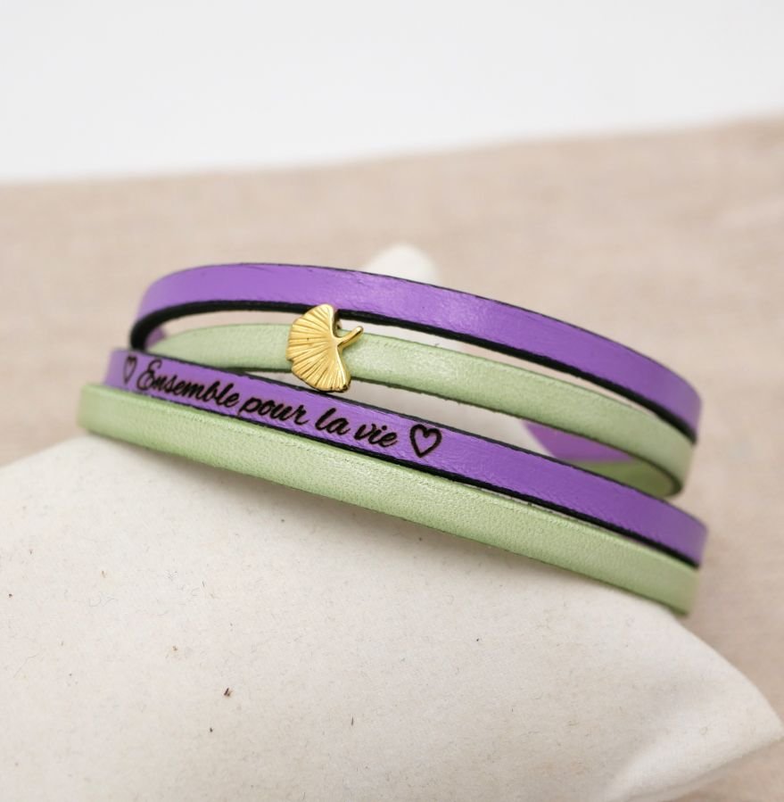 Pulseira de couro Zen em duo de cores, personalizável com ginkgo dourado 