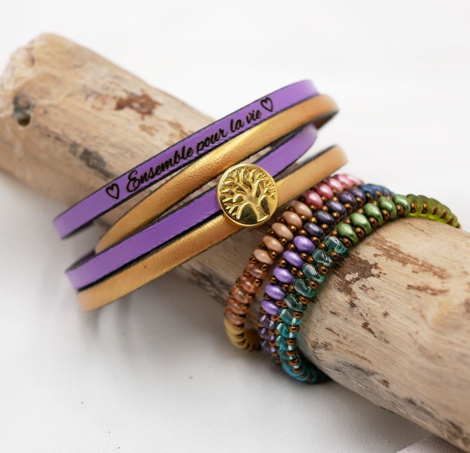 Pulseira de couro em duo de cores, personalizável com cabochon dourado Árvore da Vida