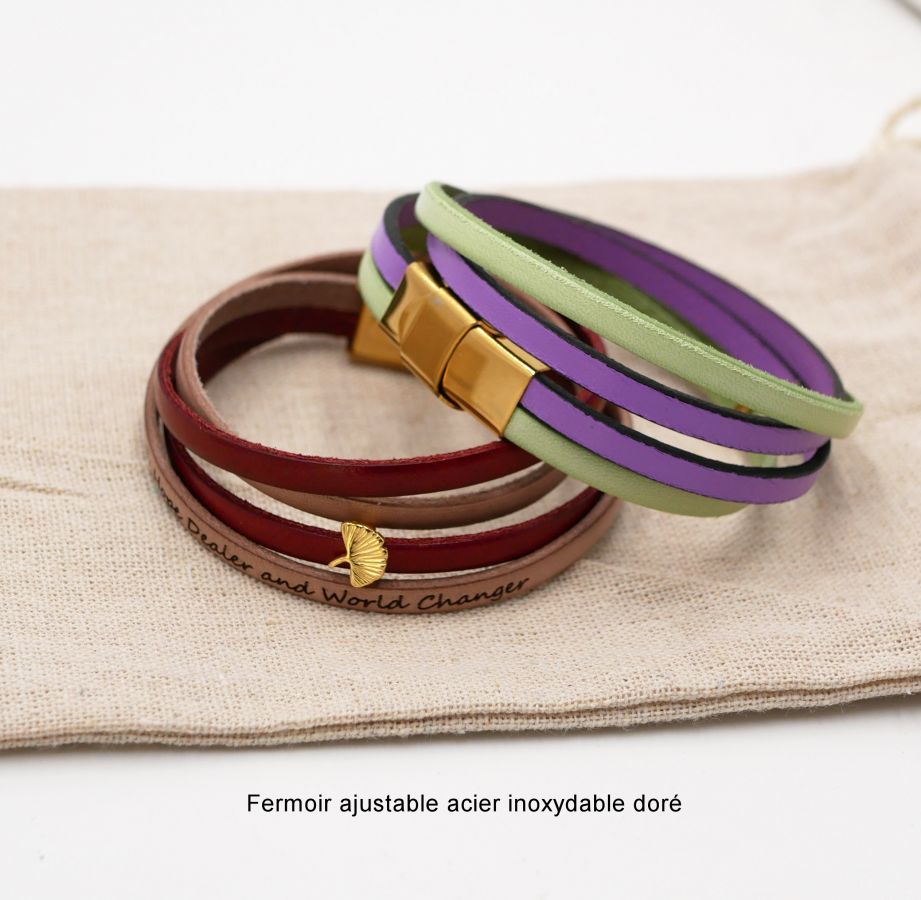 Pulseira de couro Zen em duo de cores, personalizável com ginkgo dourado 