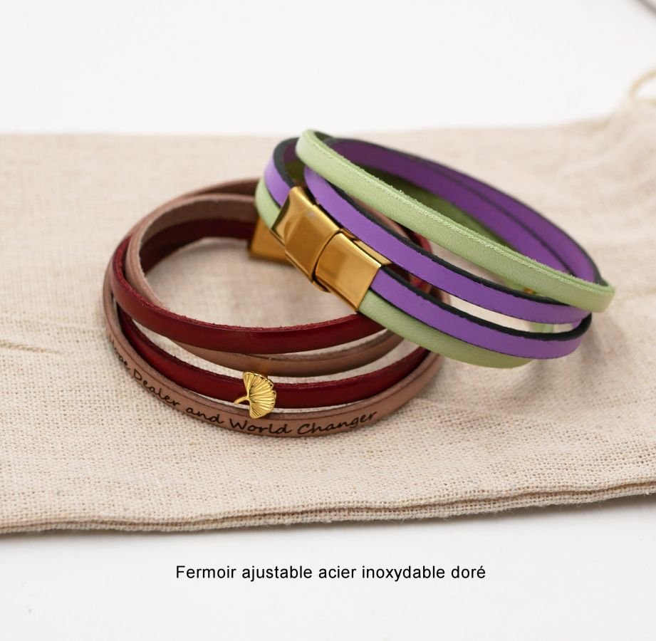 Pulseira de couro Zen em duo de cores, personalizável com ginkgo dourado 