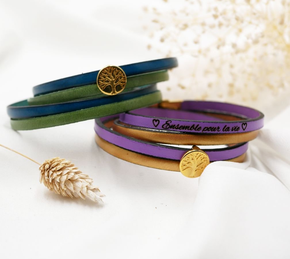 Pulseira de couro em duo de cores, personalizável com cabochon dourado Árvore da Vida