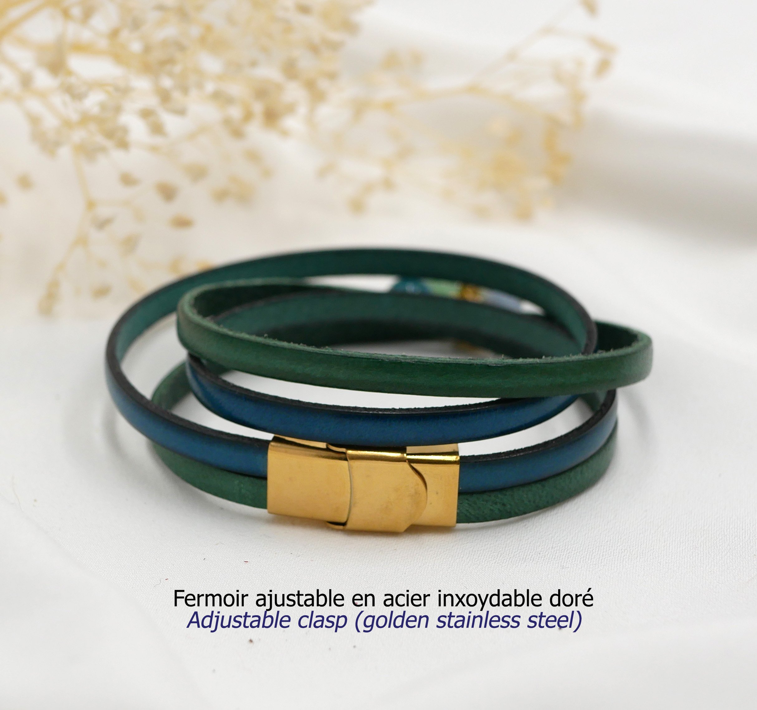 Pulseira de couro em duo de cores, personalizável com cabochon dourado Árvore da Vida