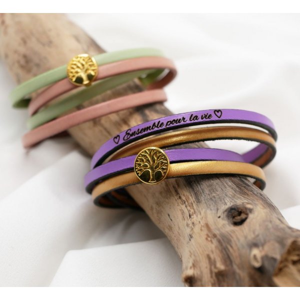 Pulseira de couro em duo de cores, personaliz&aacute;vel com cabochon dourado &Aacute;rvore da Vida