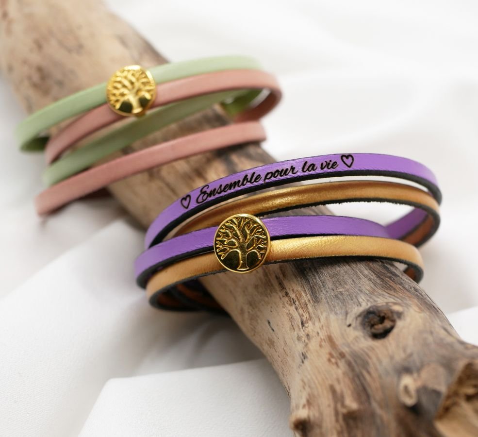 Pulseira de couro em duo de cores, personalizável com cabochon dourado Árvore da Vida