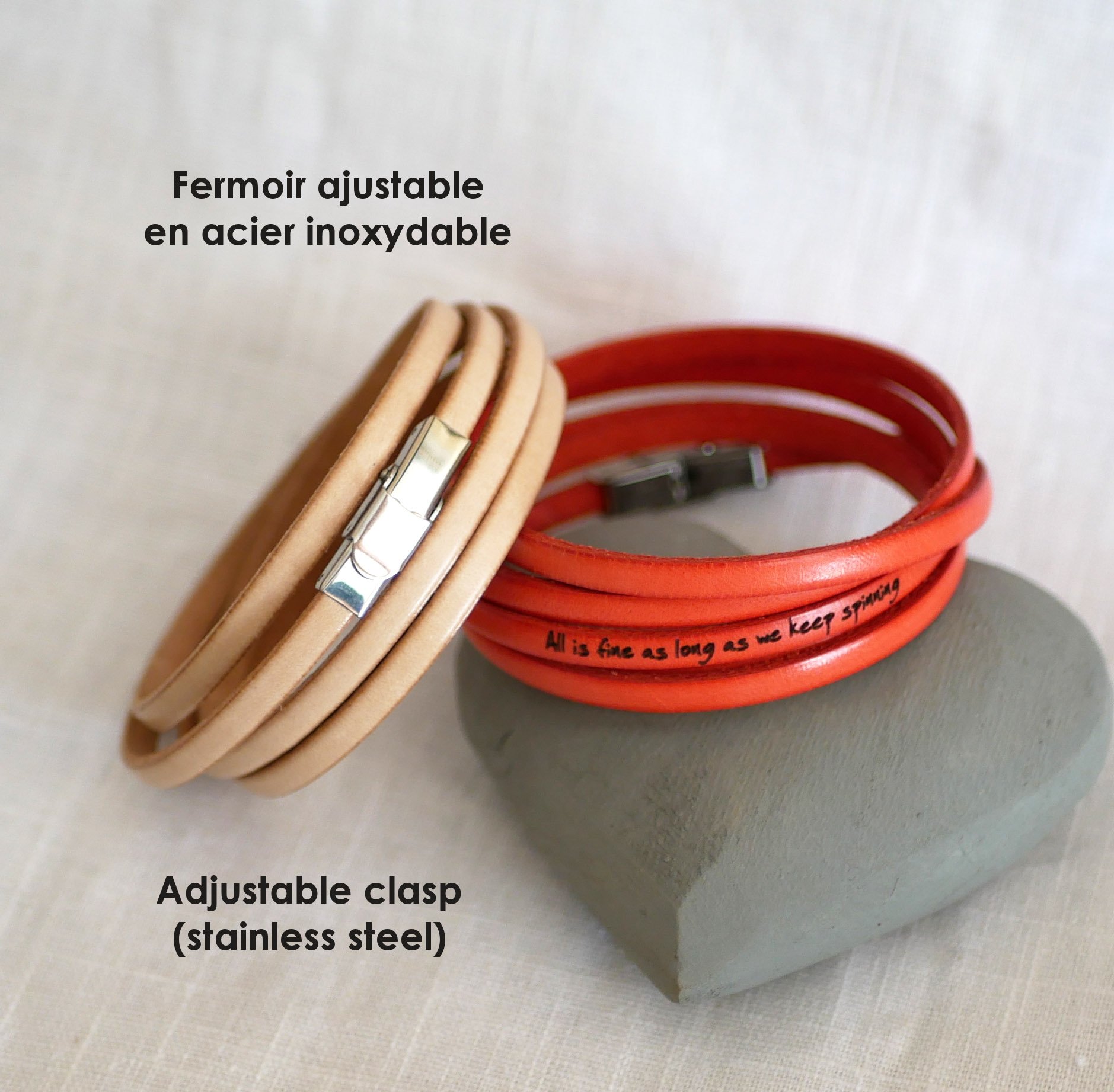 Pulseira de couro fino de 5 voltas para homem ou mulher com gravação do nome próprio
