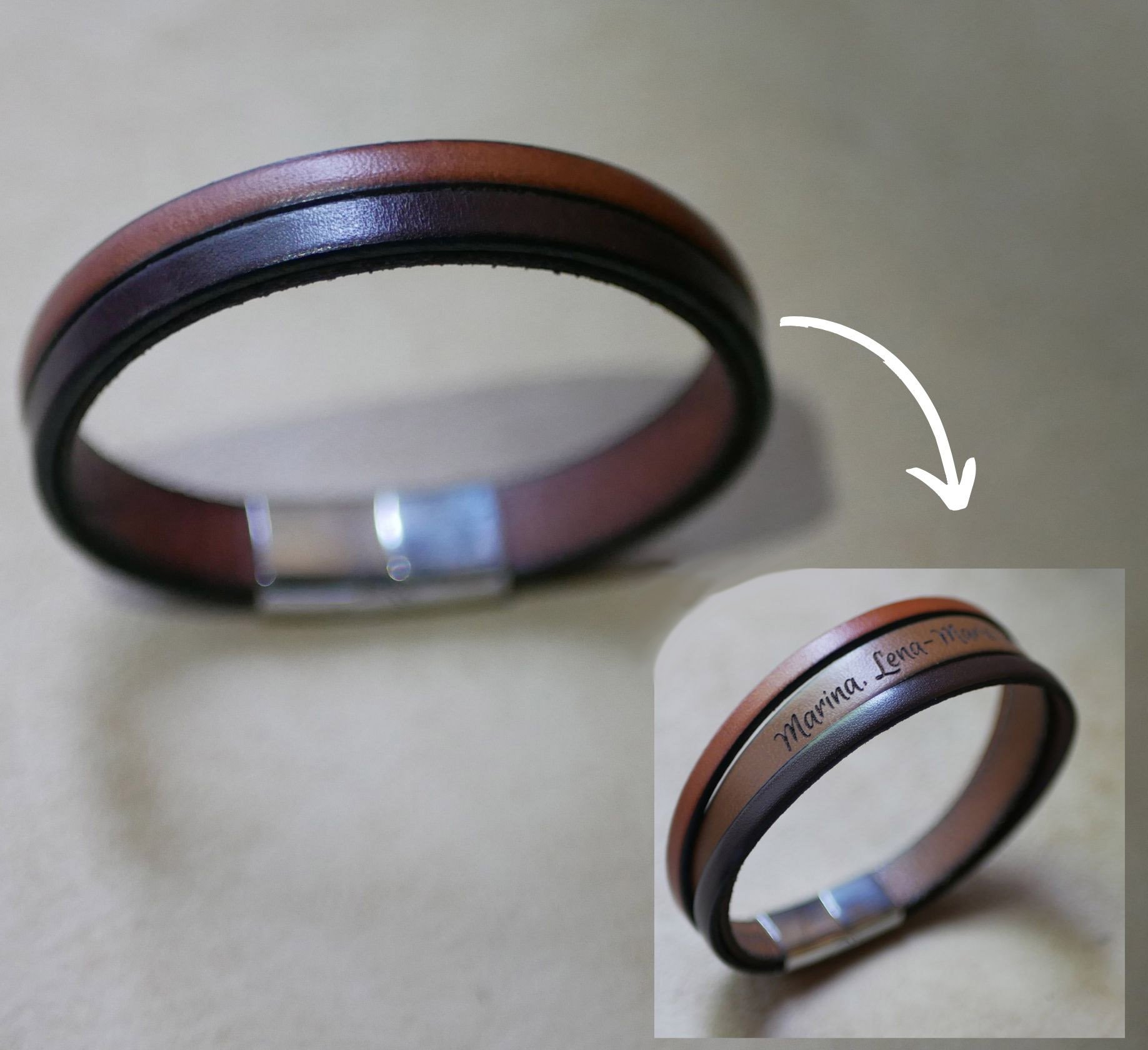 Pulseira de couro bicolor para homem com mensagem gravada oculta