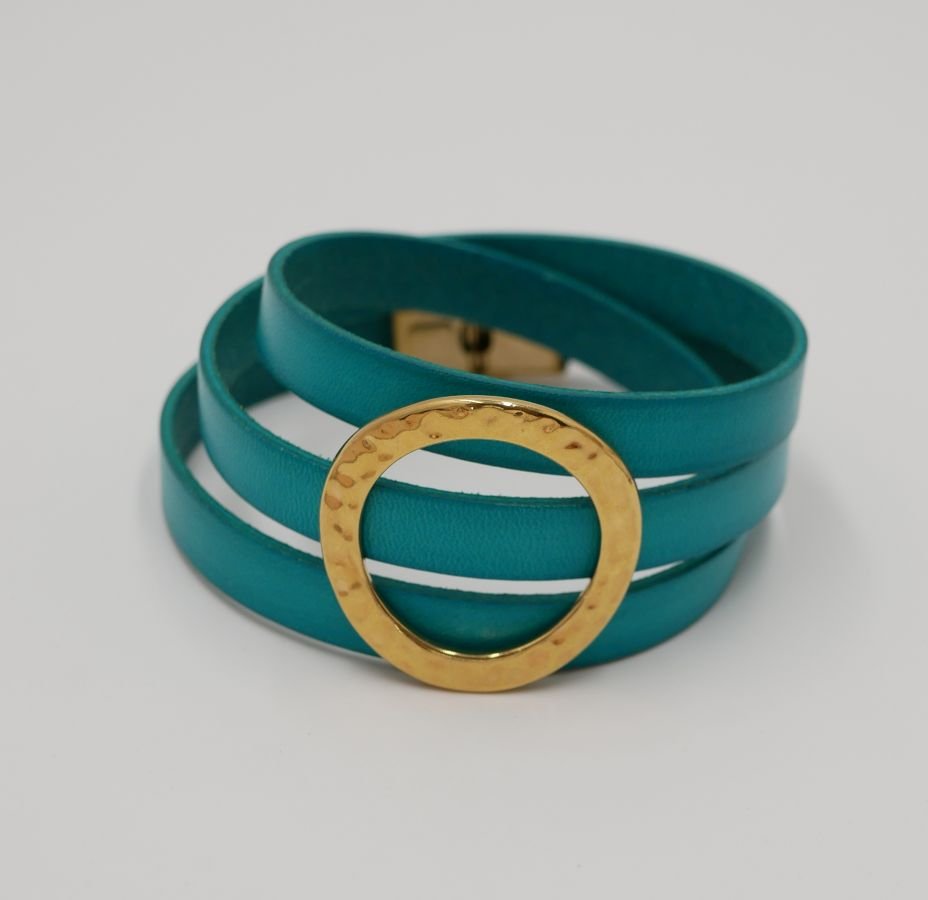 Pulseira de couro com grande anel de ouro, personalizável para 3 pulsos