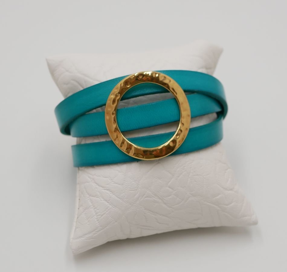 Pulseira de couro com grande anel de ouro, personalizável para 3 pulsos