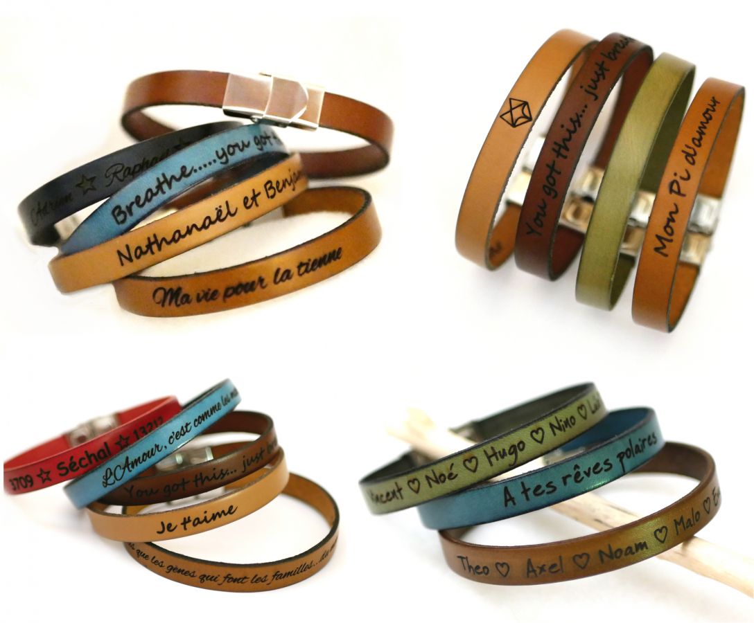 Pulseira personalizada de couro para homens ou mulheres gravada com nomes ou mensagem