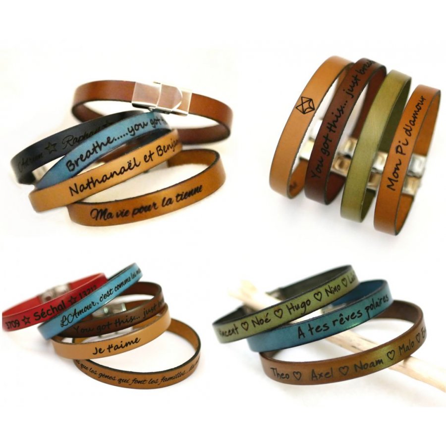 Pulseira personalizada de couro para homens ou mulheres gravada com nomes ou mensagem