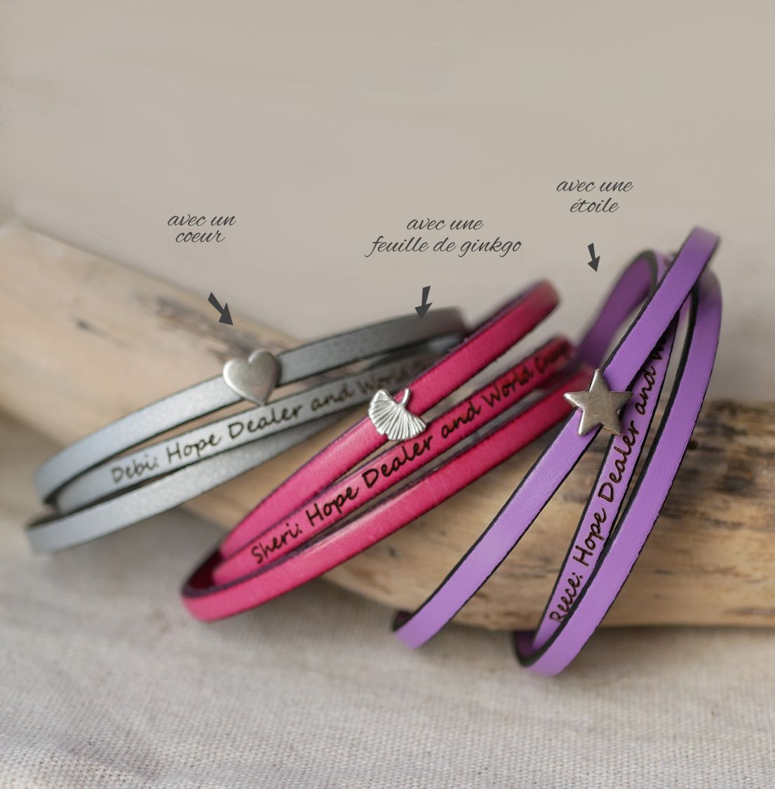 Bracelete em pele multi-voltas personalizável com motivo de estrela, infinito ou coração 