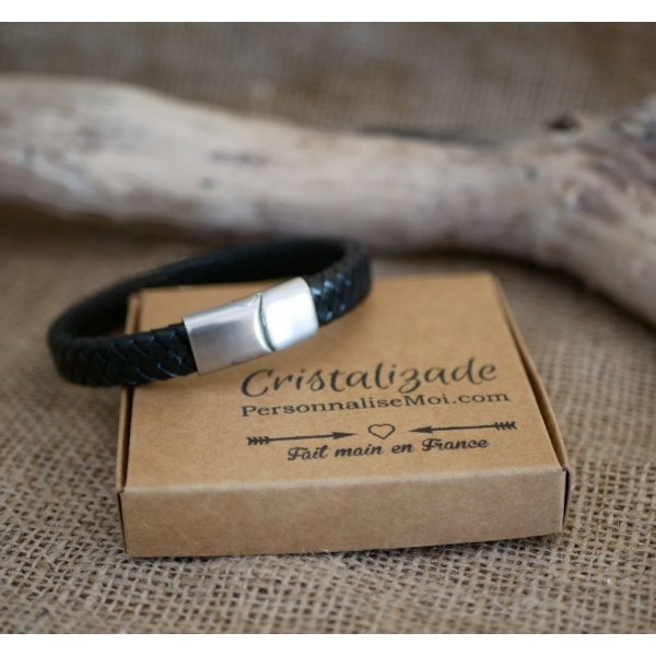 Bracelete de couro preto entran&ccedil;ado para homem com fecho de a&ccedil;o magn&eacute;tico e fecho de correr