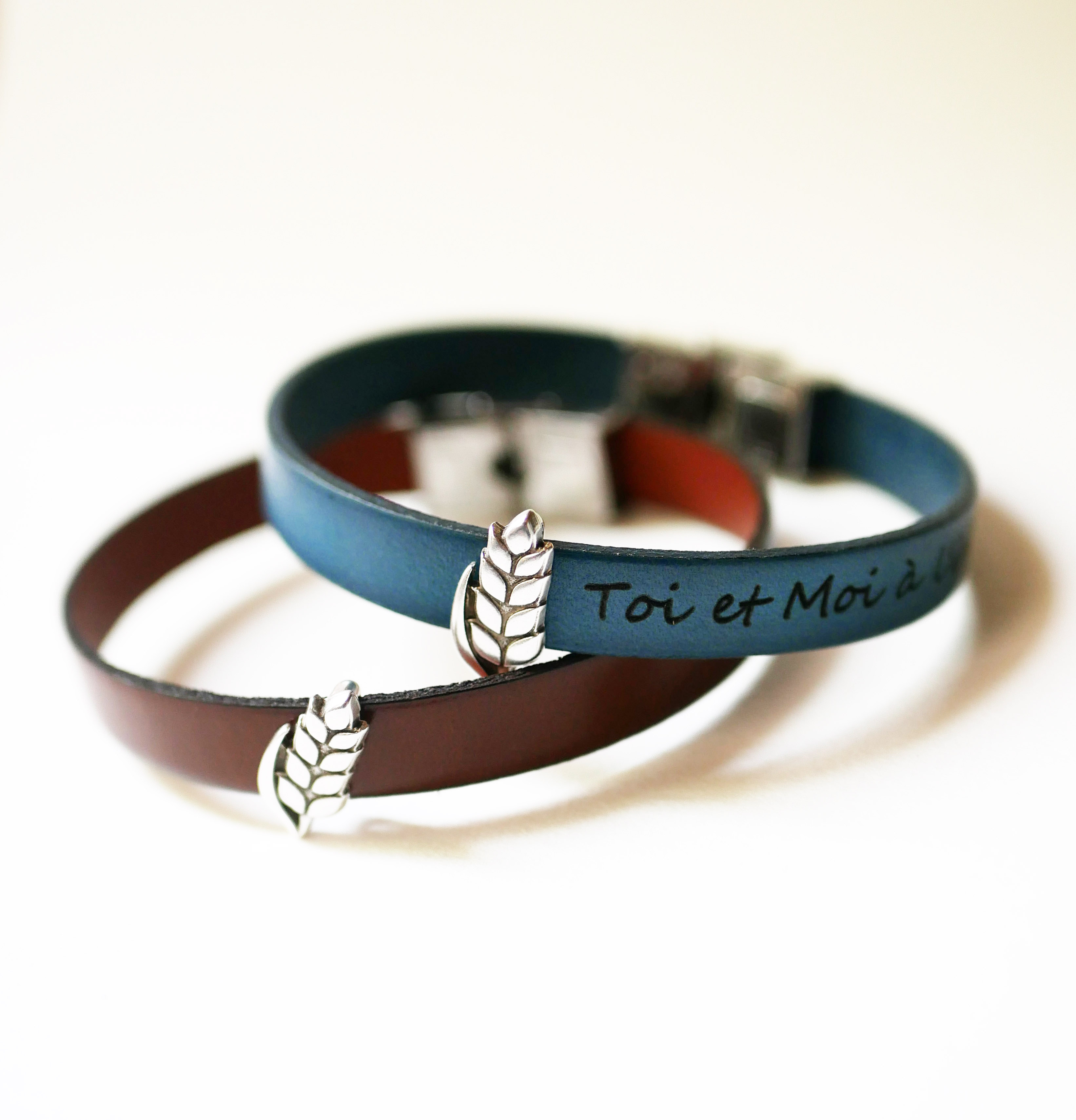 Pulseira de couro personaliz&aacute;vel e la&ccedil;o Epi de bl&eacute;, noces de froment para homem e mulher