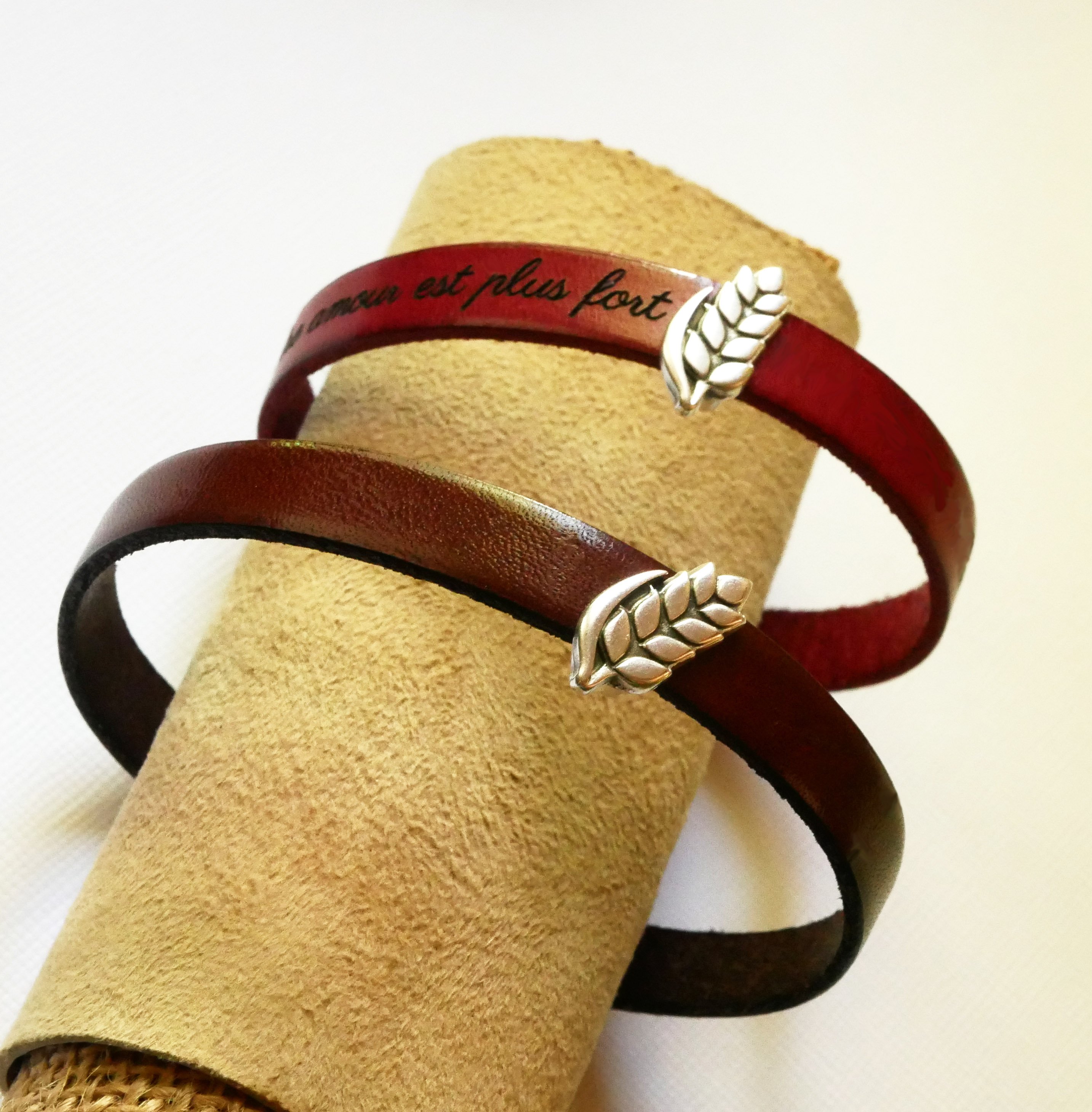 Pulseira de couro personalizável e laço Epi de blé, noces de froment para homem e mulher
