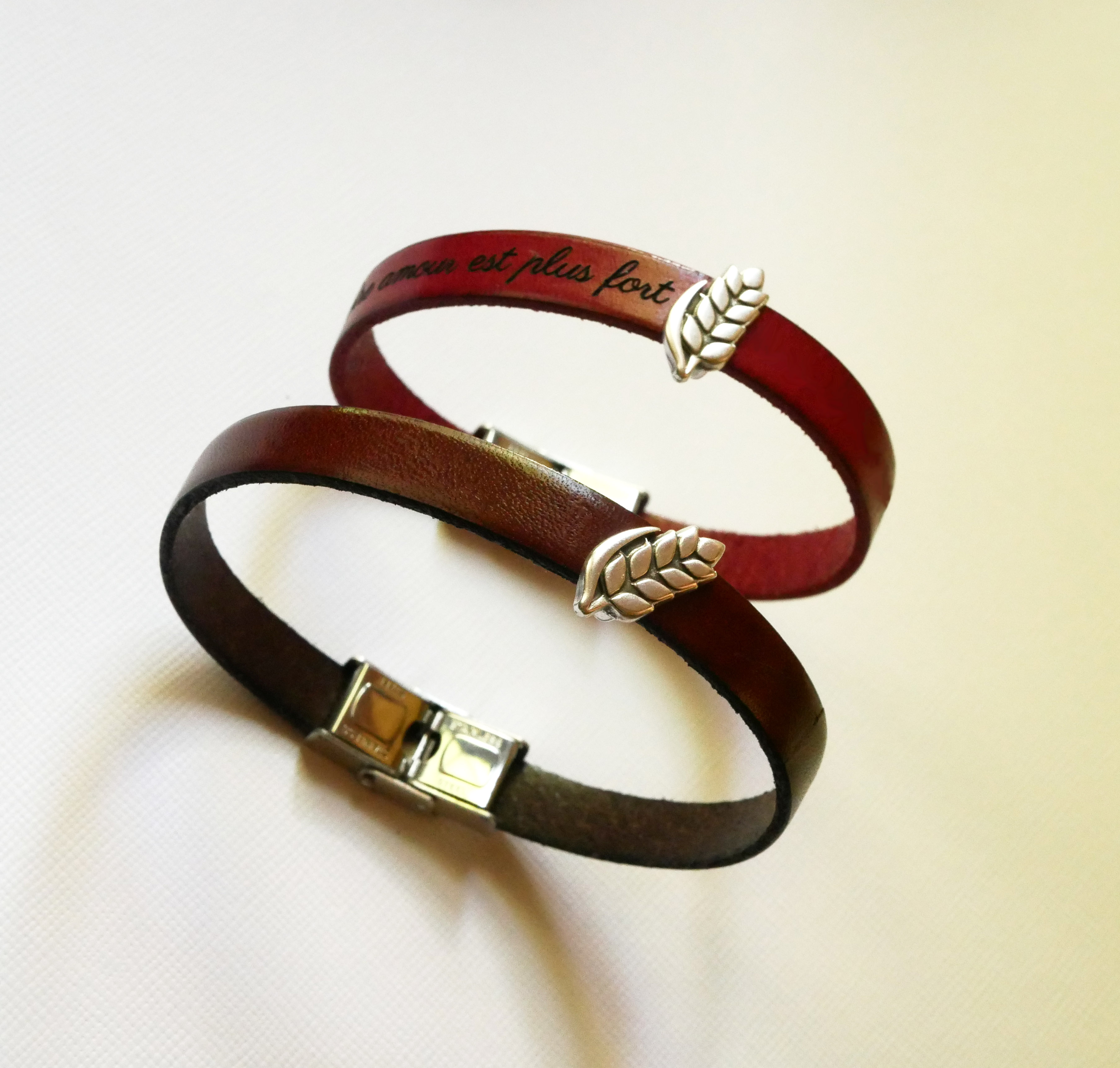Pulseira de couro personalizável e laço Epi de blé, noces de froment para homem e mulher