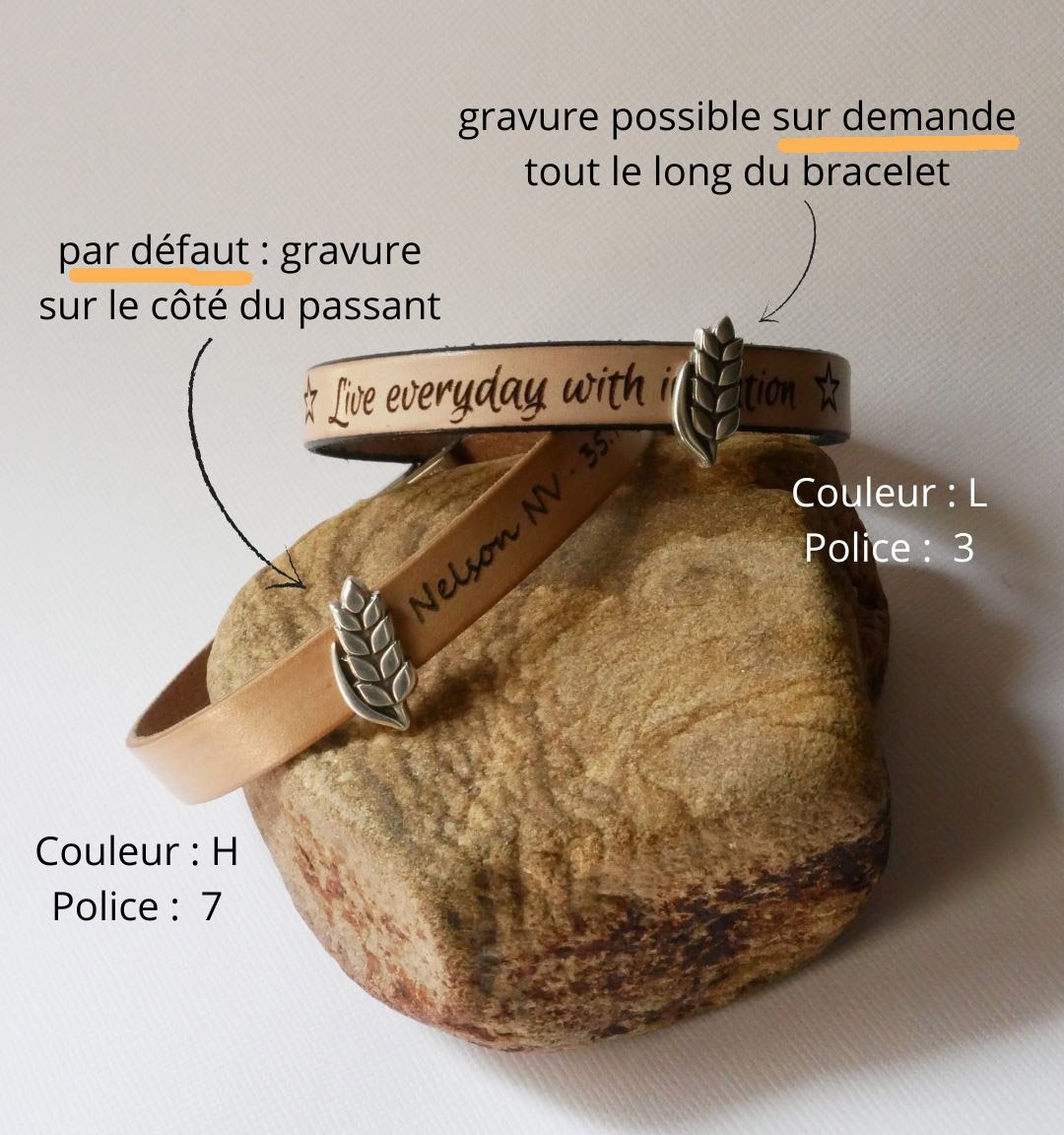 Pulseira de couro personalizável e laço Epi de blé, noces de froment para homem e mulher