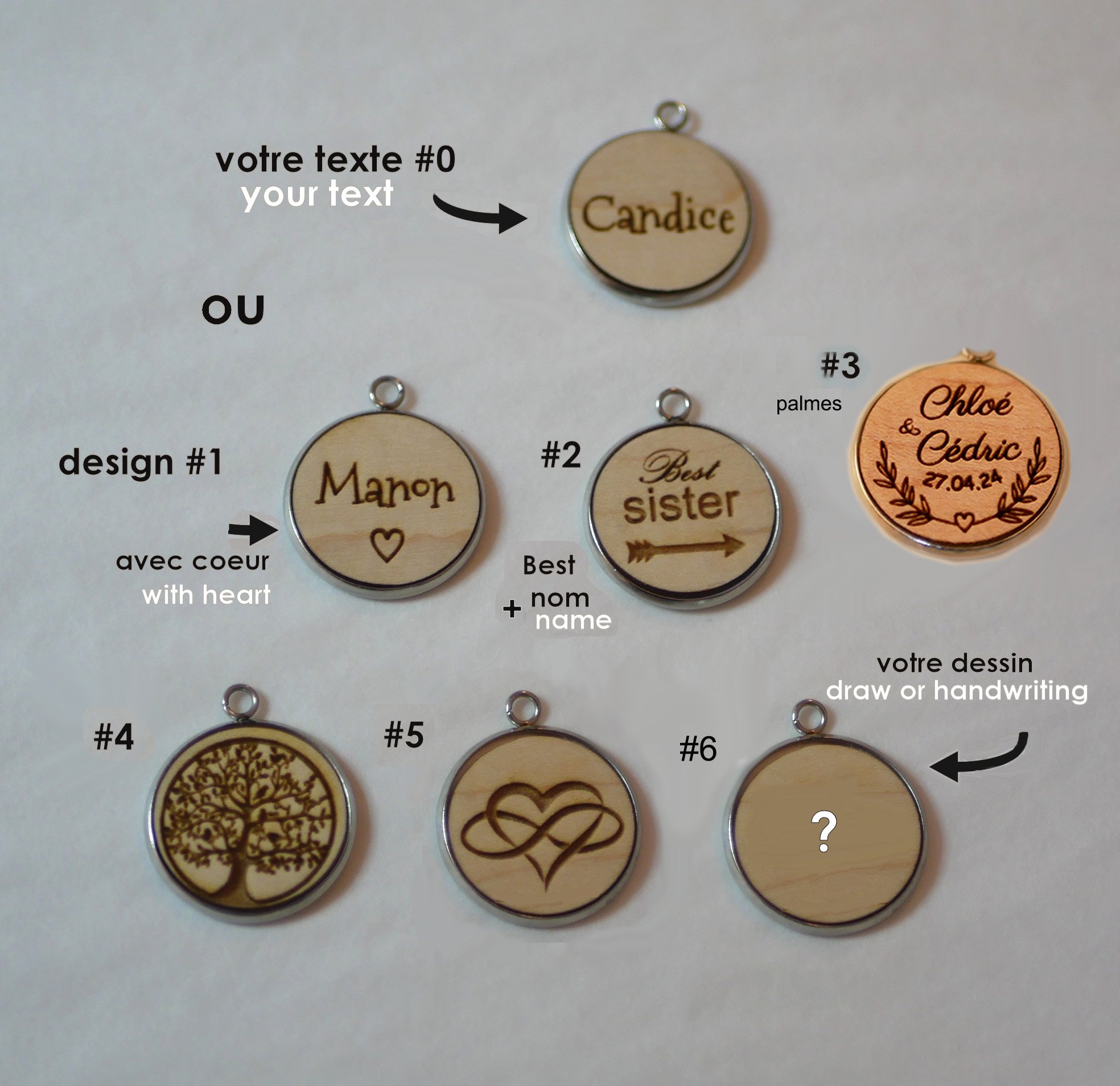 Pulseira de couro personalizada com cabochon de madeira gravada