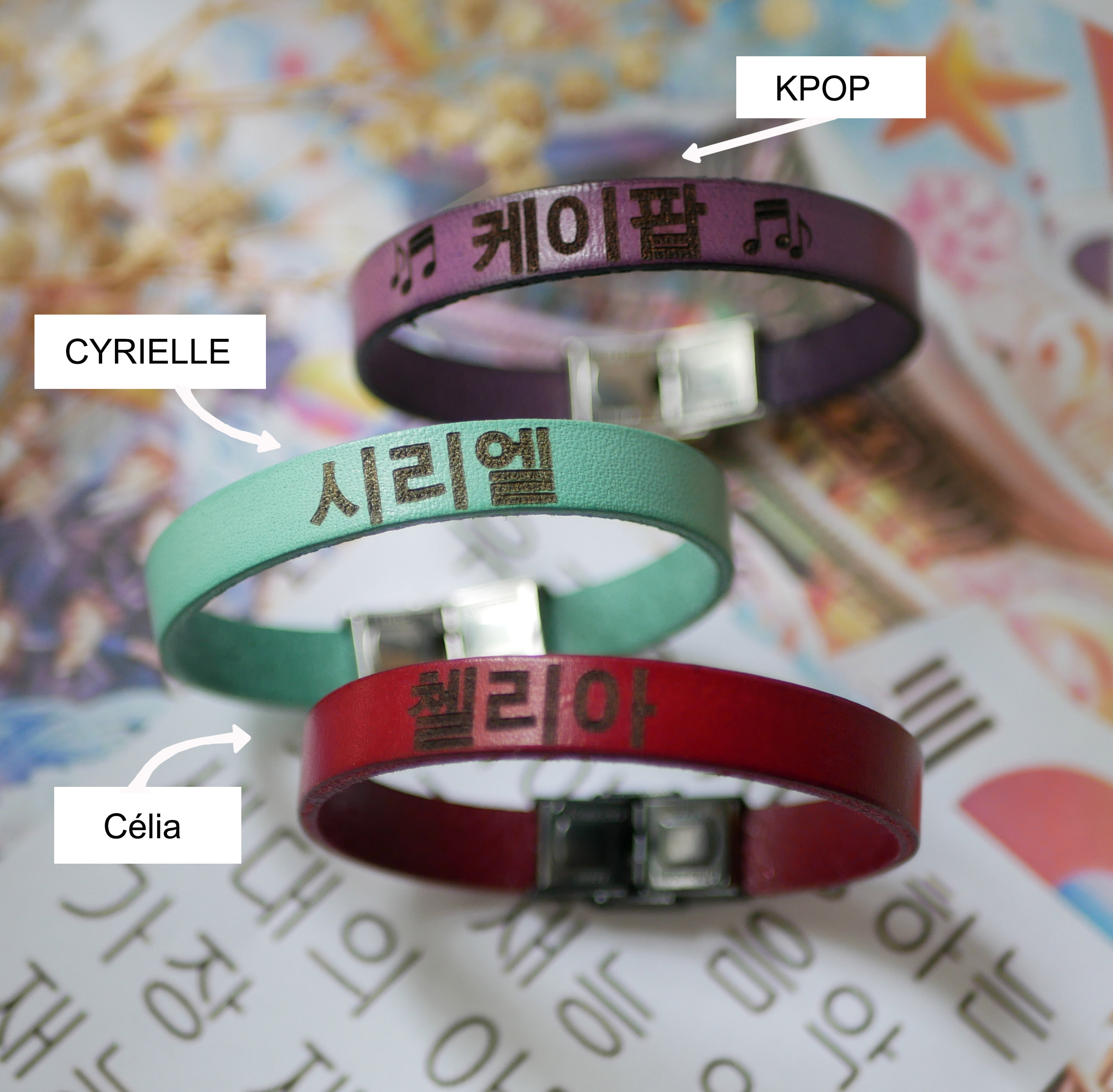 Pulseira com nome de fã de kpop coreano em pele para personalizar