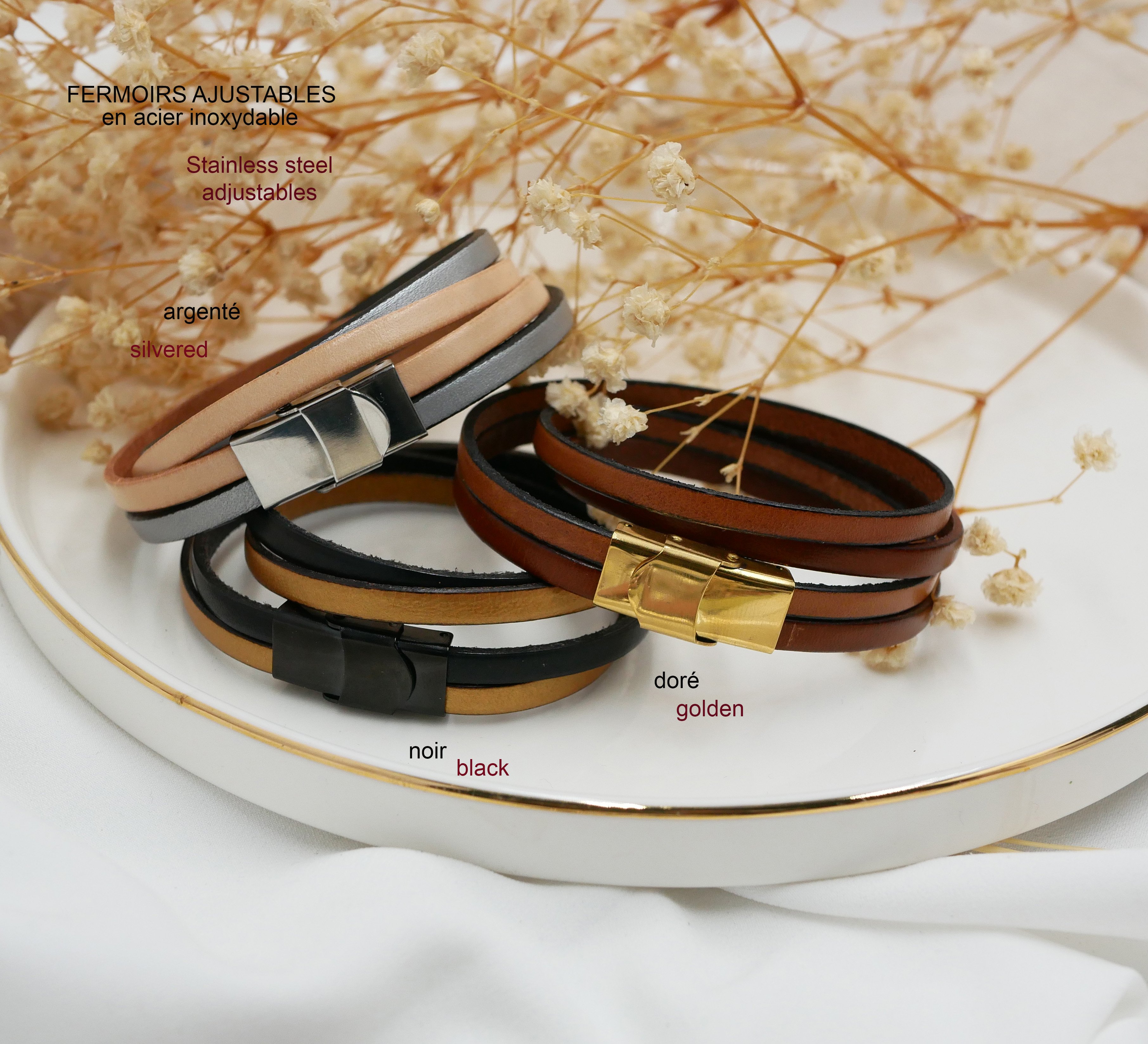 Pulseira dupla de couro branco com relevo e cor à sua escolha para ser personalizada através de gravação