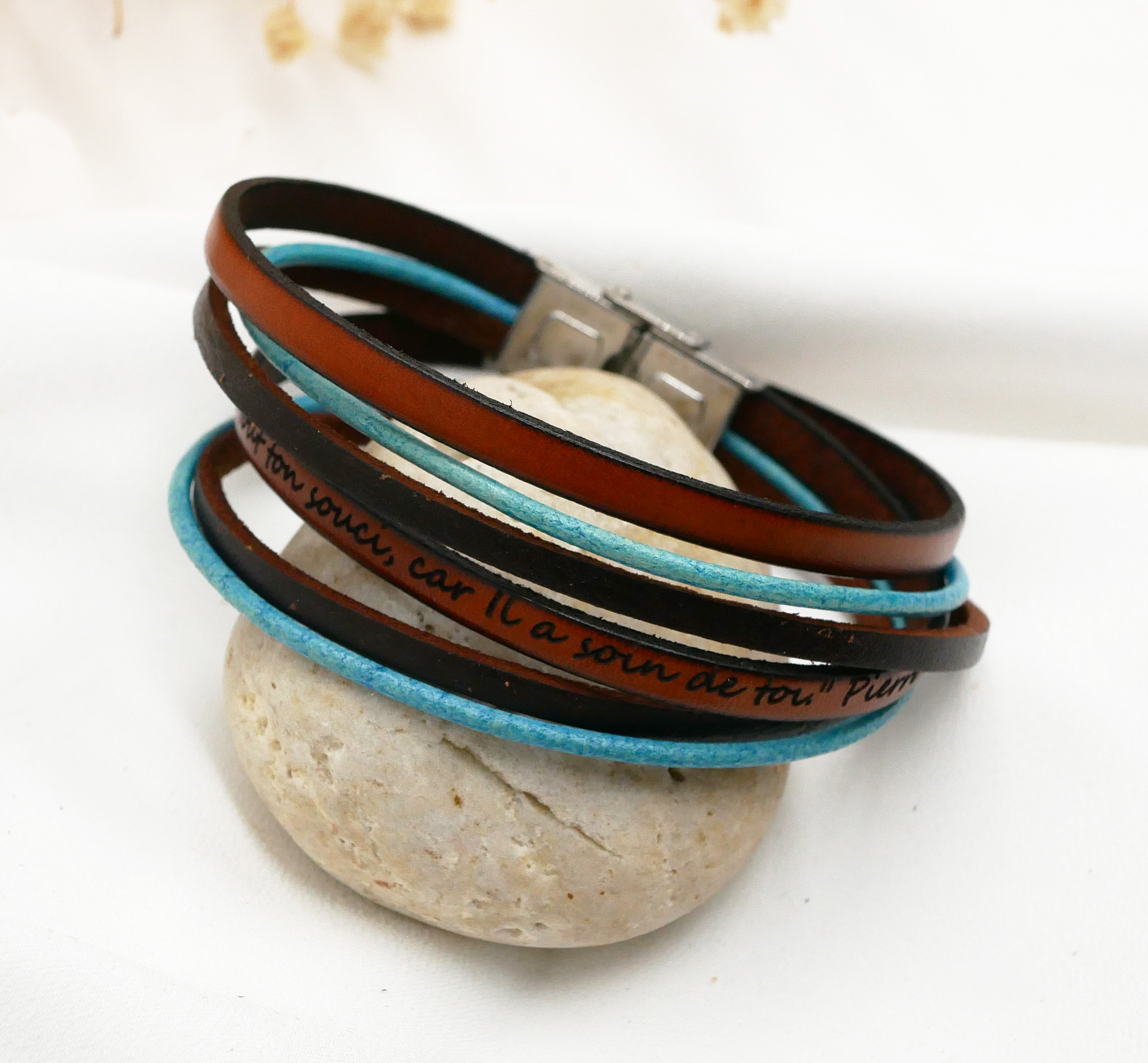 Pulseira vintage turquesa e castanha em pele dupla