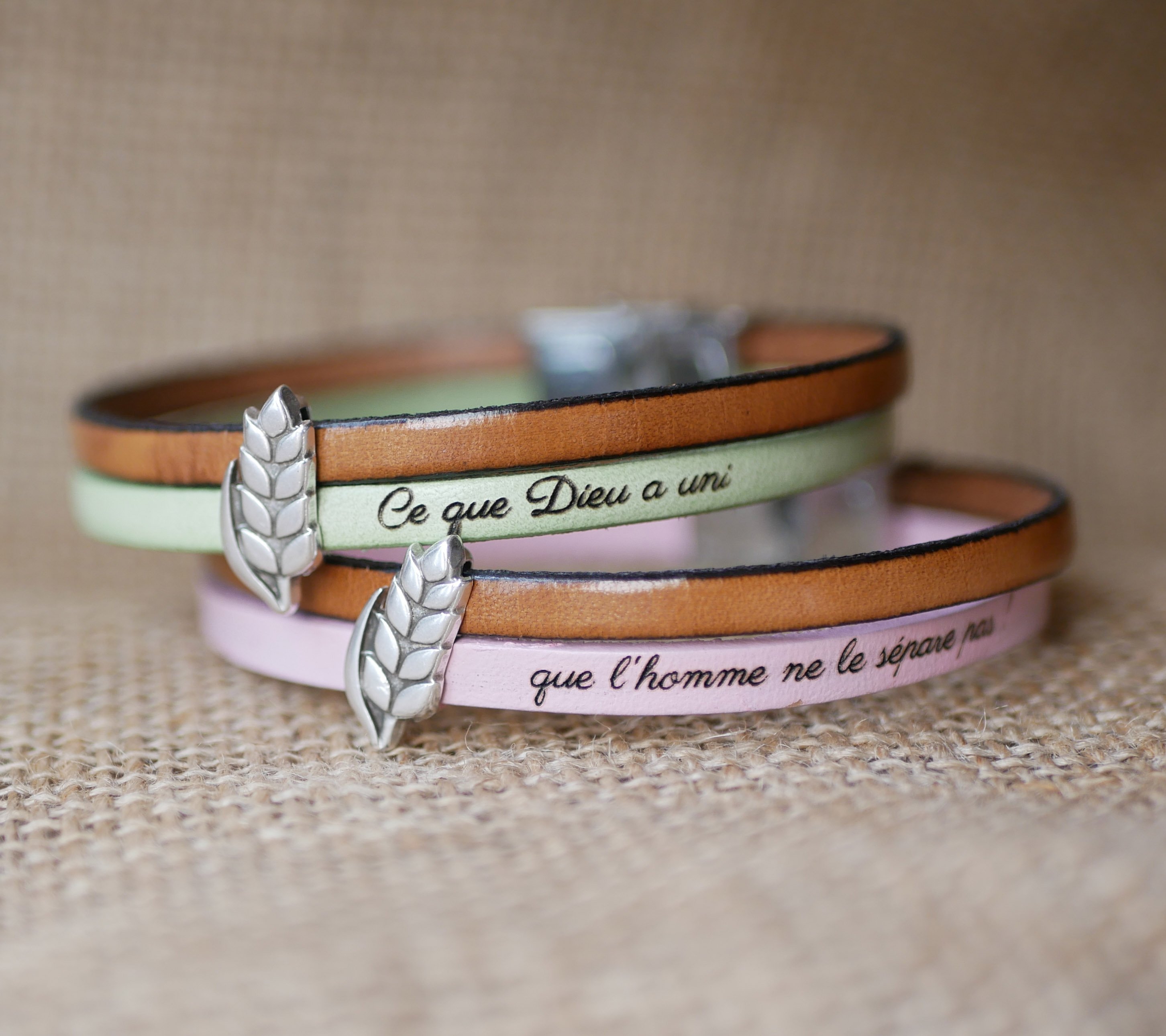 Pulseira dupla de couro e laço de espiga de trigo personalizável, casamento de homem e mulher de trigo