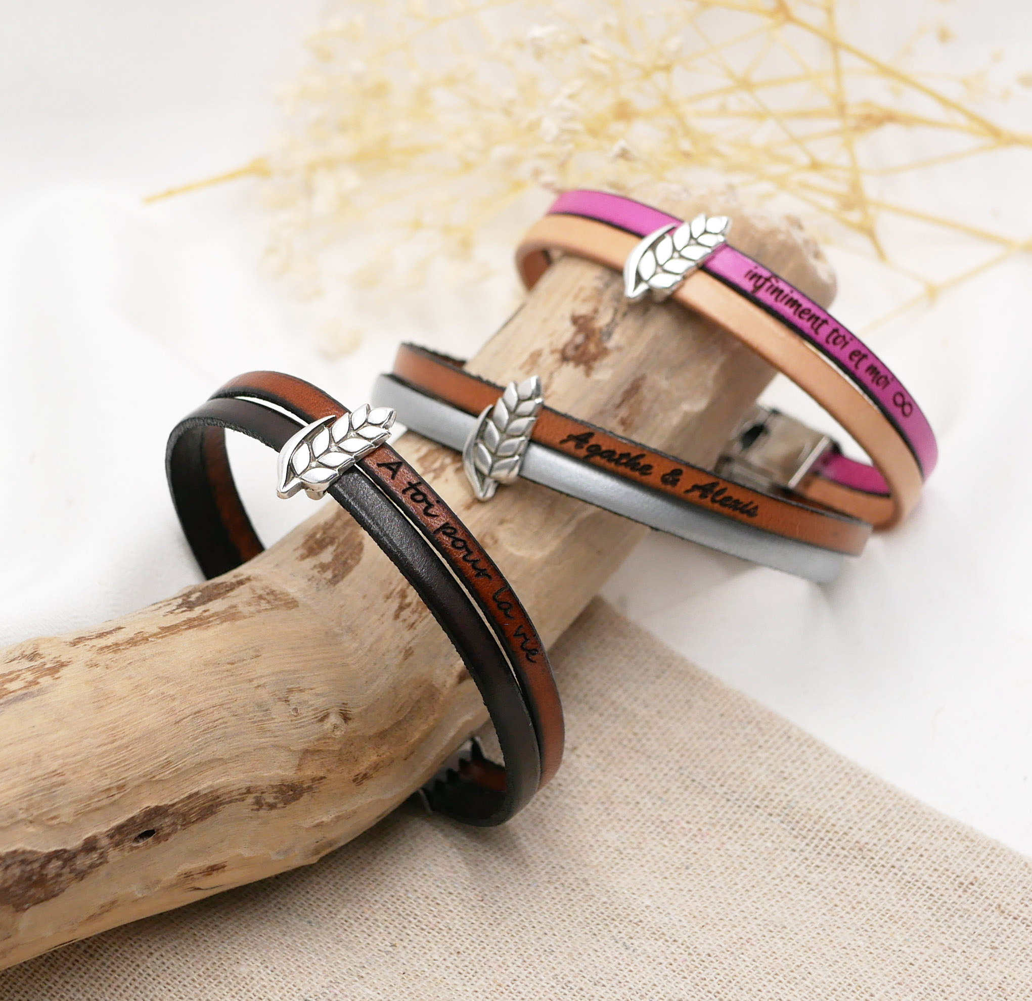 Pulseira dupla de couro e laço de espiga de trigo personalizável, casamento de homem e mulher de trigo