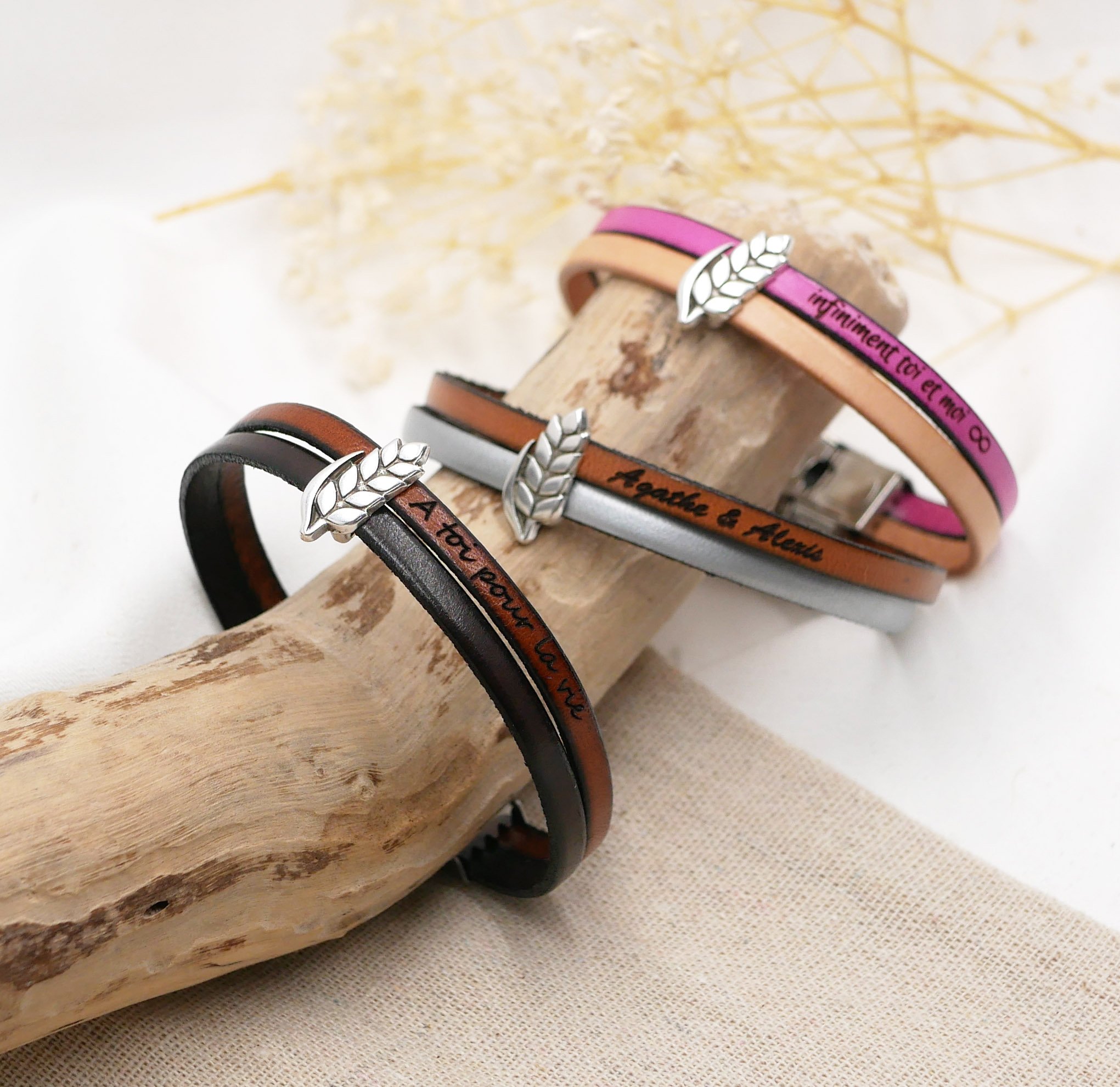 Pulseira dupla de couro e laço de espiga de trigo personalizável, casamento de homem e mulher de trigo