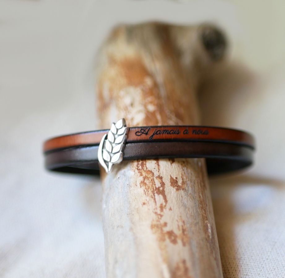 Pulseira dupla de couro e laço de espiga de trigo personalizável, casamento de homem e mulher de trigo