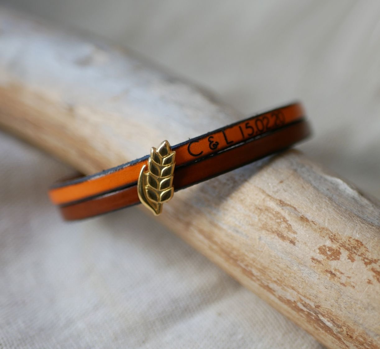 Pulseira dupla de couro e laço de espiga de trigo dourado, personalizável, presente de casamento para mulheres