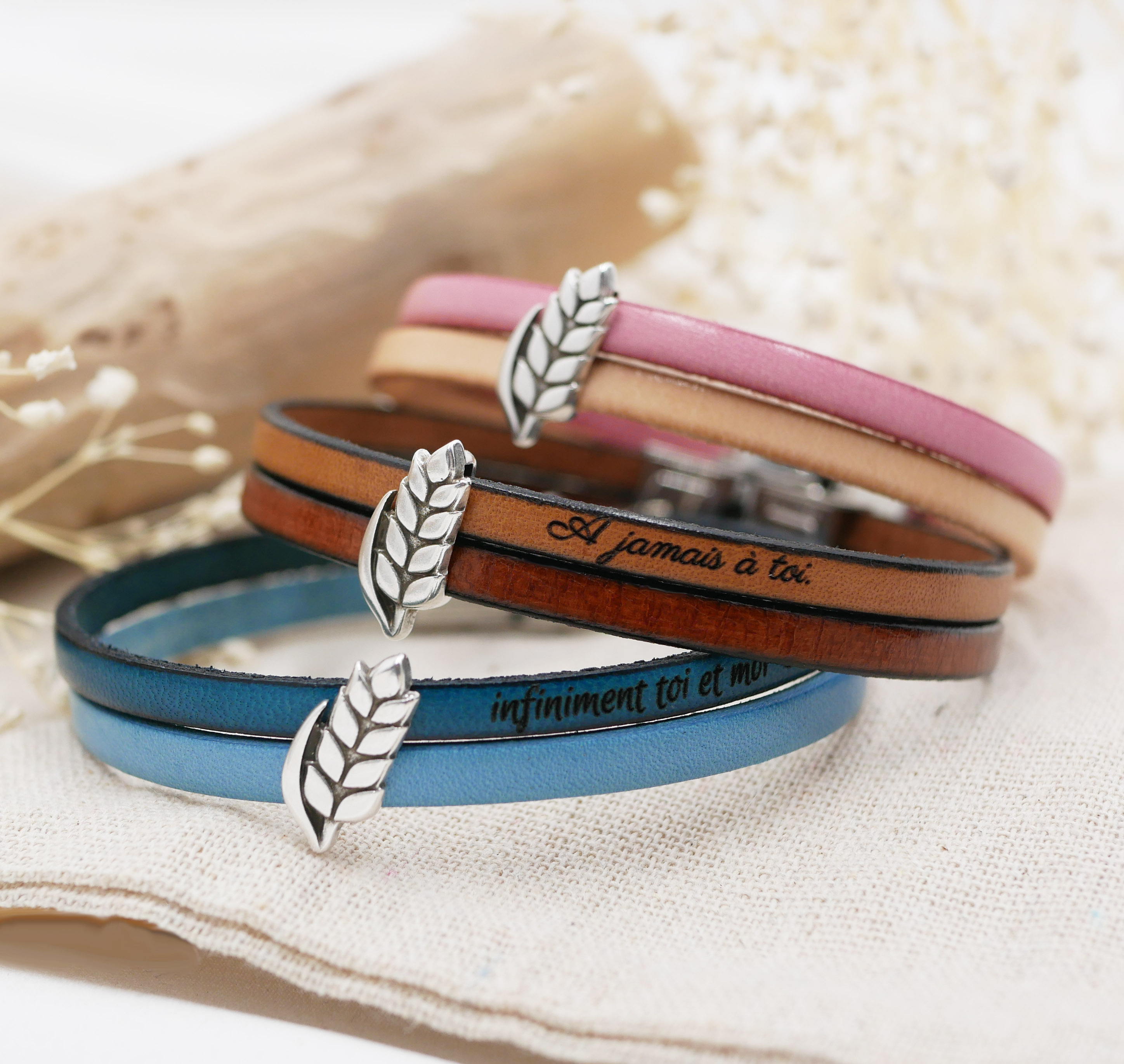 Pulseira dupla de couro e laço de espiga de trigo personalizável, casamento de homem e mulher de trigo
