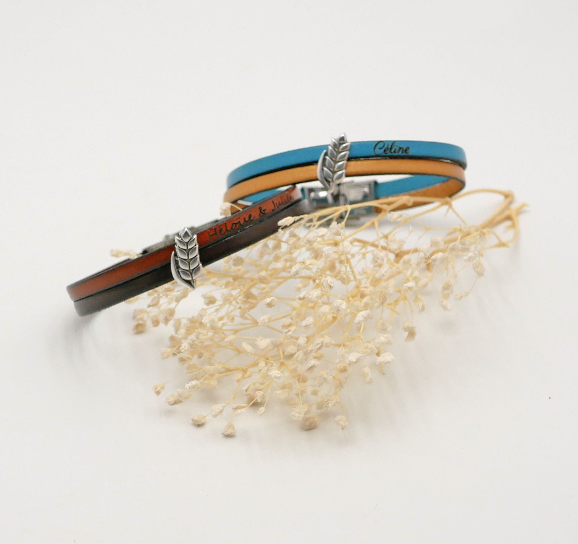 Pulseira dupla de couro e laço de espiga de trigo personalizável, casamento de homem e mulher de trigo
