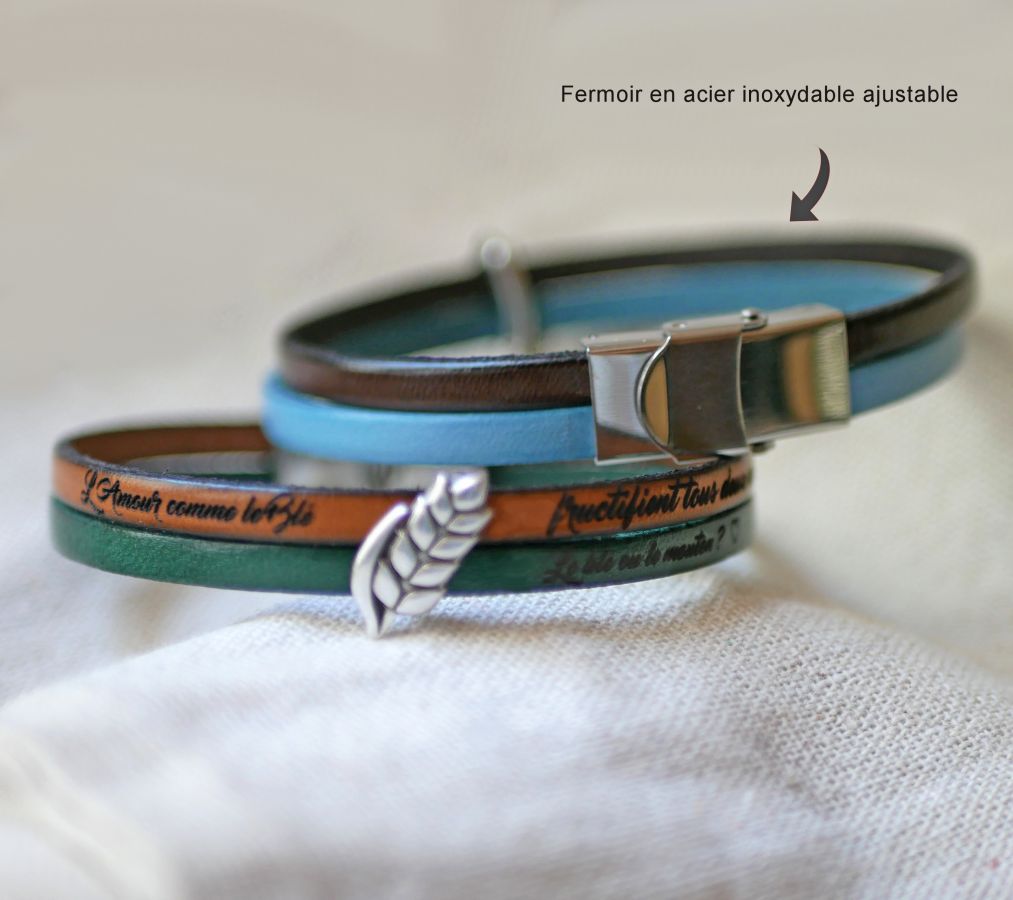 Pulseira dupla de couro e laço de espiga de trigo personalizável, casamento de homem e mulher de trigo