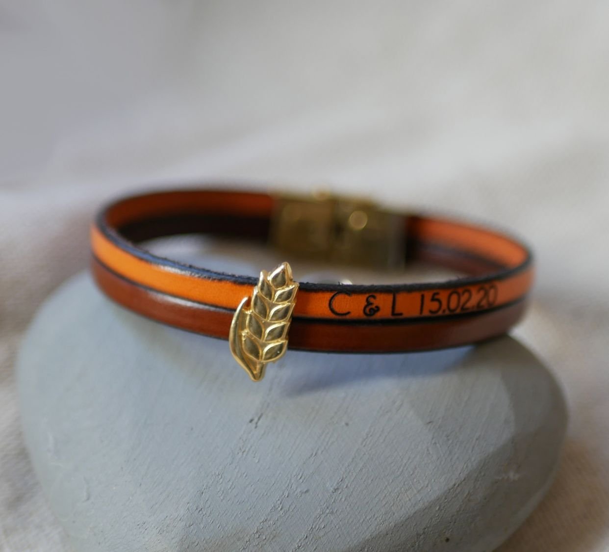 Pulseira dupla de couro e laço de espiga de trigo dourado, personalizável, presente de casamento para mulheres