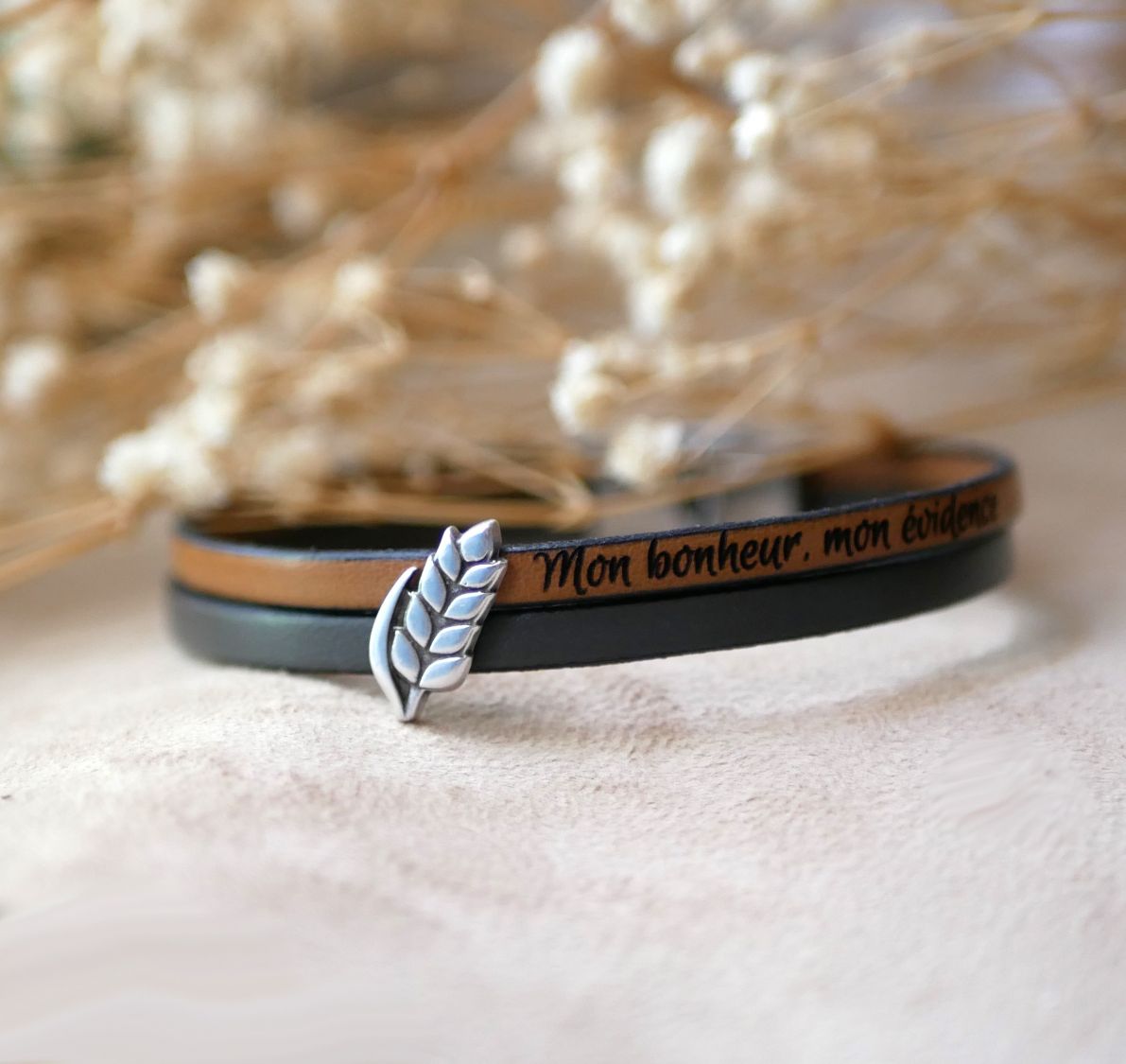 Pulseira dupla de couro e laço de espiga de trigo personalizável, casamento de homem e mulher de trigo