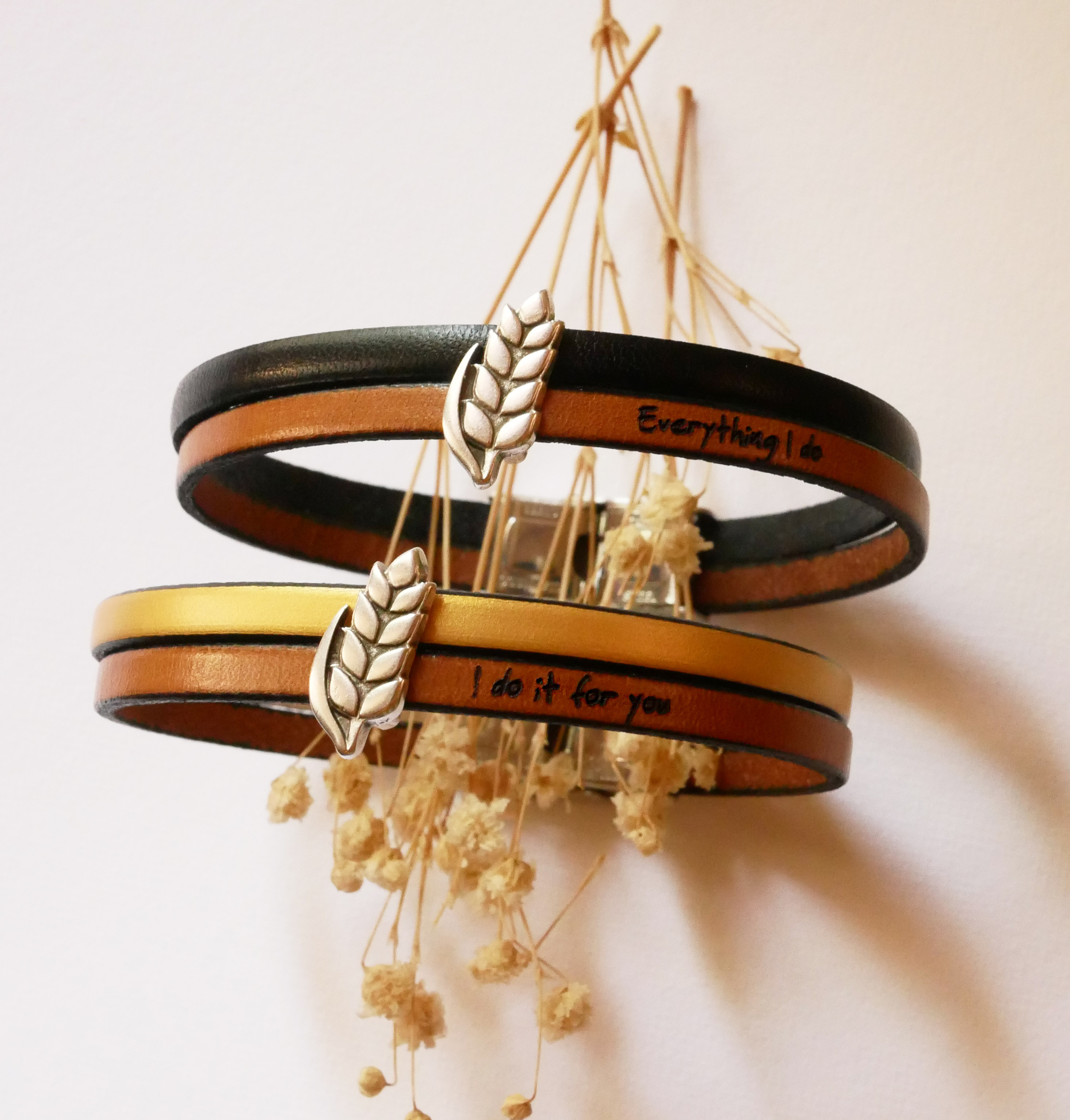 Pulseira dupla de couro e laço de espiga de trigo personalizável, casamento de homem e mulher de trigo