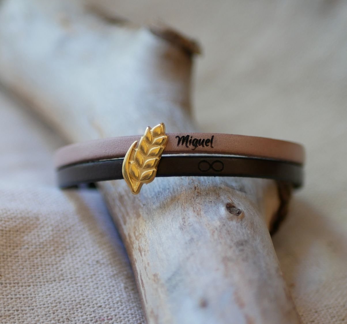 Pulseira dupla de couro e laço de espiga de trigo dourado, personalizável, presente de casamento para mulheres