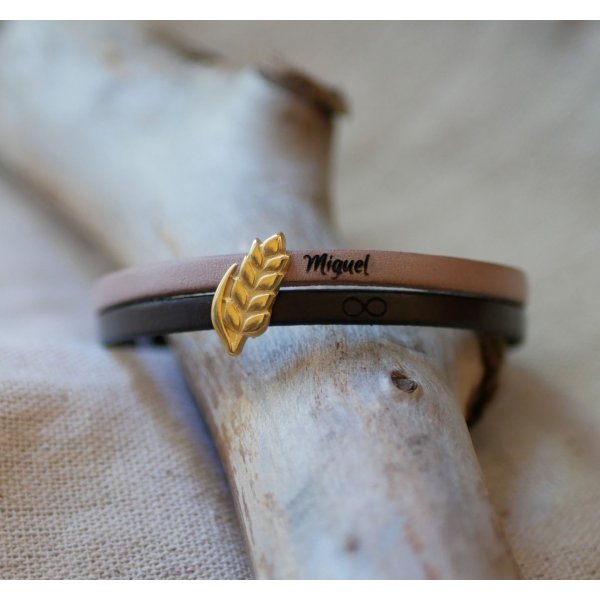 Pulseira dupla de couro e la&ccedil;o de espiga de trigo dourado, personaliz&aacute;vel, presente de casamento para mulheres