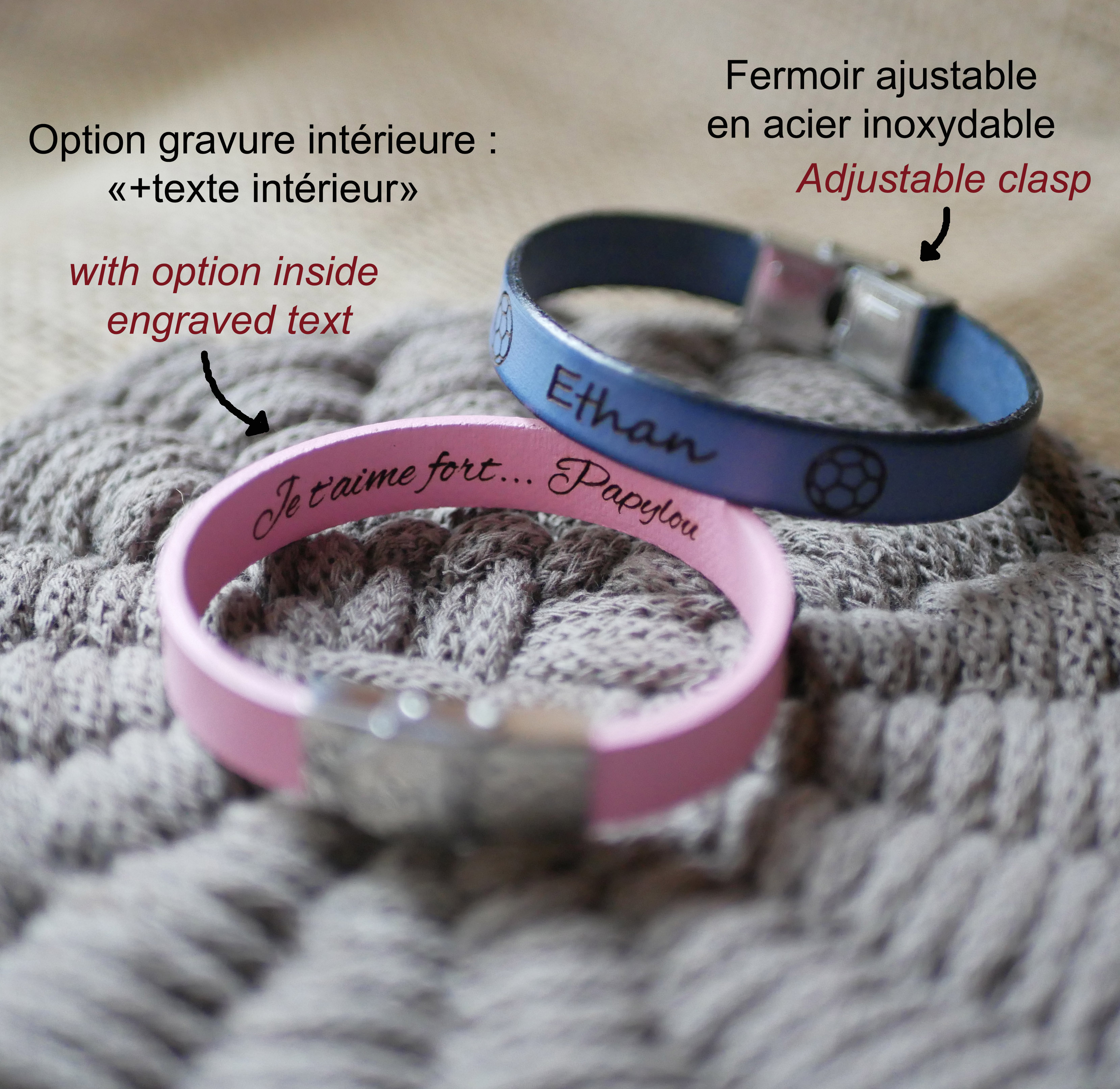 Pulseira personalizada em pele para crianças gravada com o primeiro nome emoldurado com desenhos à sua escolha