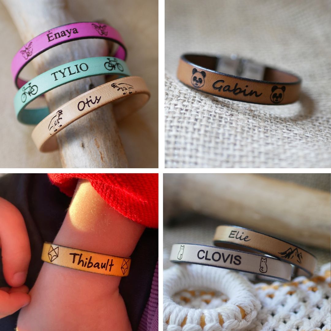 Pulseira personalizada em pele para crianças gravada com o primeiro nome emoldurado com desenhos à sua escolha