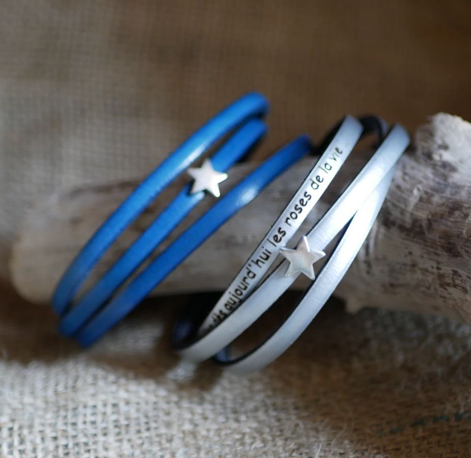 Pulseira de couro para mulheres, personalizável, desenho em estrela de prata