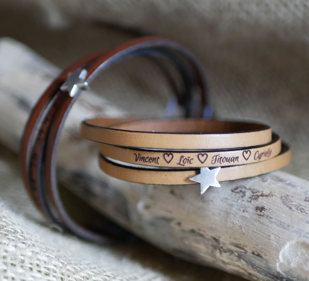 Pulseira de couro para mulheres, personalizável, desenho em estrela de prata