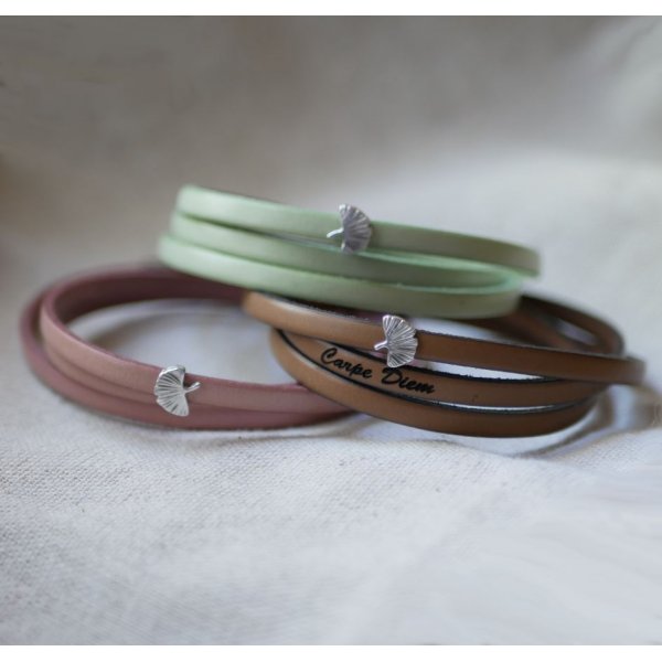 Pulseira de couro mulher multi-tours Ginkgo folha prata personalizada 