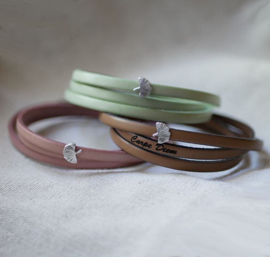 Pulseira de couro mulher multi-tours Ginkgo folha prata personalizada 